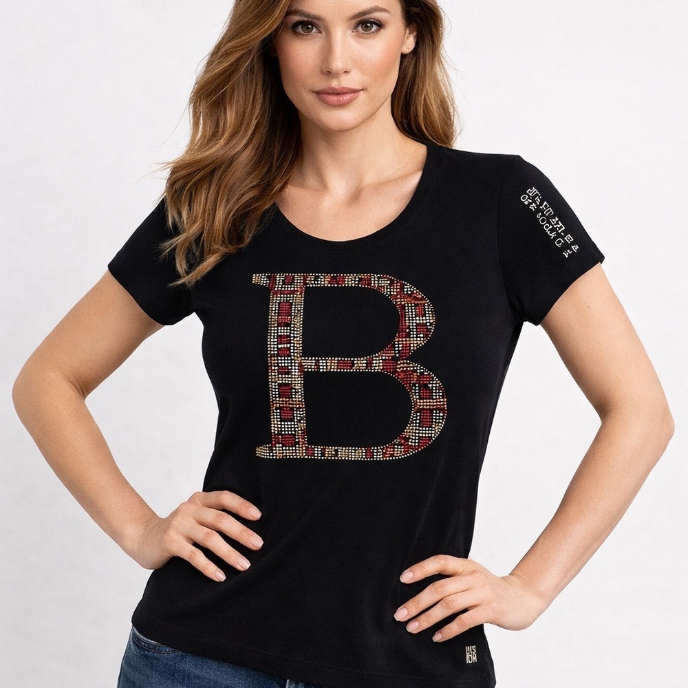 Burberry Black Tee with the tartan Patterned B embellishment with rhinestones M